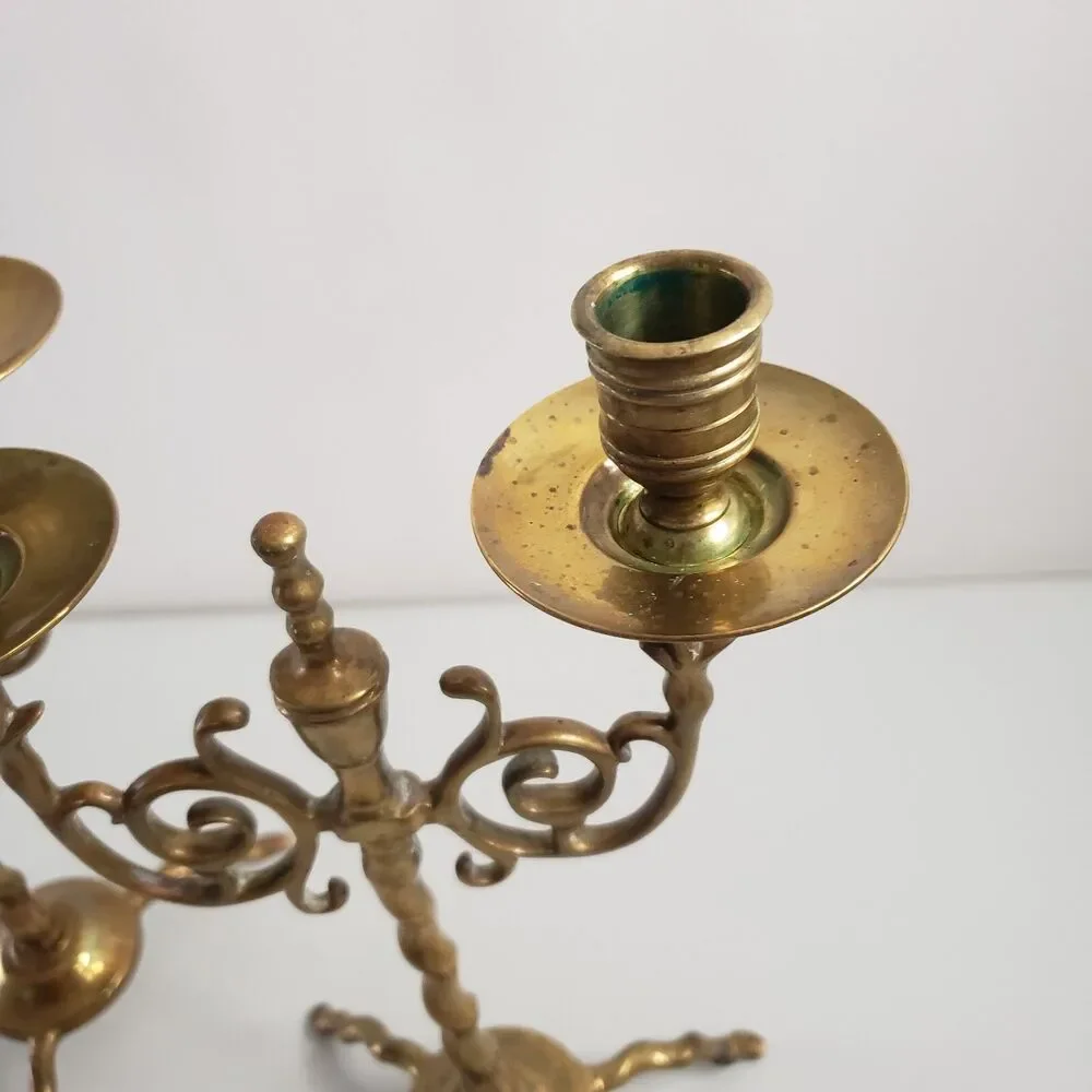 Antique Brass Candlesticks Twist Swirl Scroll Pair Double Candelabra Holders